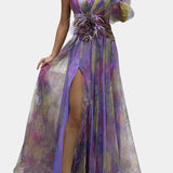 Teodora Asimetrična Maxi Haljina s Jednim Rame i Umjetničkim Uzorkom