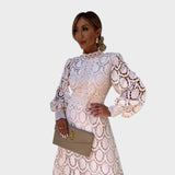 Danica - Čipkasta haljina s puf rukavima i visokim ovratnikom