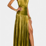 Hana Halter Metalik Haljina s Otvorenim Leđima i Visokim Razrezom