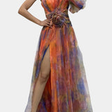 Teodora Asimetrična Maxi Haljina s Jednim Rame i Umjetničkim Uzorkom