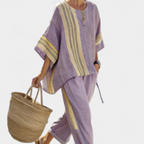 Set od lanenog bambusa s očaravajućom lavandom i detaljima u žutoj pruzi