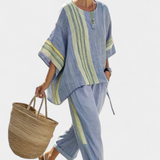 Set od lanenog bambusa s očaravajućom lavandom i detaljima u žutoj pruzi