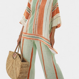 Elegantni Set od Lino Bambusa s Prugama i Asimetričnom Bluza i Širokim Hlačama za Rafinirani Stil