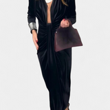 Vilma Duga Haljina od Zlatnog Baršuna s V-Izrezom