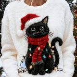 Evi - Ženski slatki božićni pulover od flanela s printom mačaka